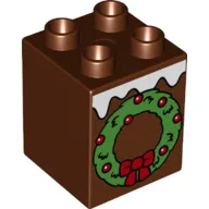 Duplo Brick 2 x 2 x 2 with Snow and Christmas Wreath Print / Reddish Brown