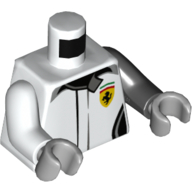 Lego Torso, Odd Arms, Racing Jacket with Ferrari Logo Print, Left Black Arm, Right White Arm, Light Bluish Gray Hands / White