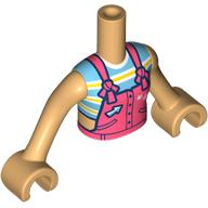 Lego Minidoll Torso Girl with Warm Tan Arms and Hands with Coral Overall, Arrow, Bright Light Blue/Yellow Striped Shirt print / Warm Tan