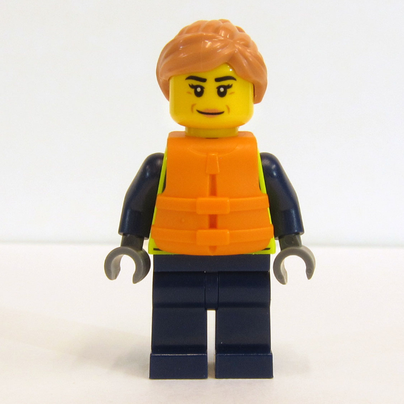 Lego Police Officer, Vibrant Yellow Police Vest, Orange Life Jacket, Nougat Hair