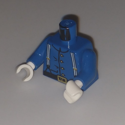 Lego Torso Jacket, Cavalry Uniform, 4 Buttons, Suspenders Print, Blue Arms, White Hands / Blue