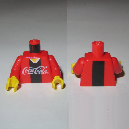 Lego Torso V-Neck Shirt with Coca-Cola Logo and Black Stripe Print, Red Arms, Yellow Hands / Red