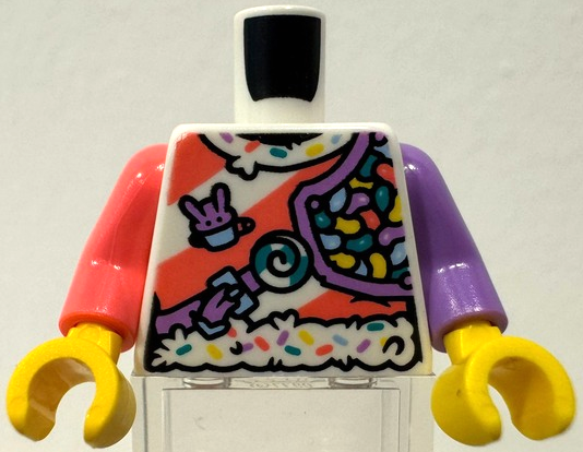 Lego Torso Female Shirt, Coral, Bright Light Blue, Medium Lavender, Dark Turquoise and Yellow Candies, Diagonal Stripes, Strap with Buckle Pattern (BAM) / Medium Lavender Arm Left / Coral Arm Right / Yellow Hands