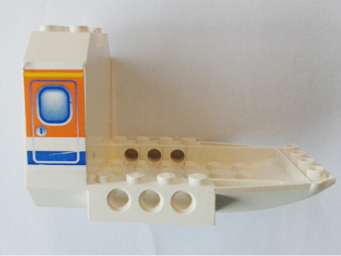 Lego Aircraft Fuselage Forward Bottom Angular 6 x 10 x 5 (Cockpit) with Blue and Orange Door Pattern on Both Sides (Stickers) - Set 4619
