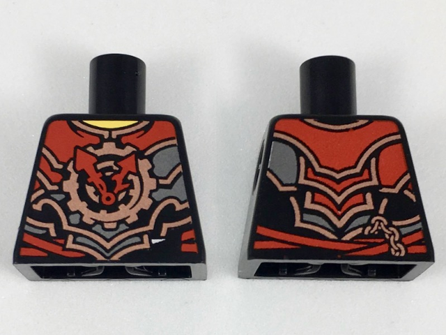 Lego Torso Ninjago Black, Red, Dark Silver, Silver and Copper Armor with Red Clock Hands, Yellow Neck Pattern