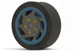 Wheel 11mm D. x 6mm with 7 Slanted Spokes with Blue Rim Edge and Yellow Bolts Pattern with Black Tire 14mm D. x 6mm Solid Smooth (30838pb01 / 50945) / Dark Bluish Gray
