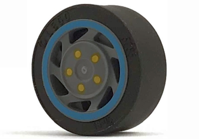Lego Wheel 11mm D. x 6mm with 7 Slanted Spokes with Blue Rim Edge and Yellow Bolts Pattern with Black Tire 14mm D. x 6mm Solid Smooth (30838pb01 / 50945)