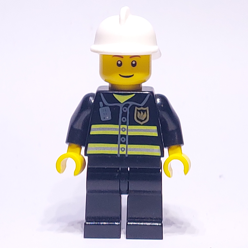 Lego Fireman, Black Fire Jacket with Radio and Badge, White Helmet, Reddish Brown Eyebrows (3626c Head)