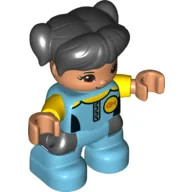 Duplo Figure Child with Ponytails and Bangs Black, with Dark Azure Legs, Yellow Arms, Wetsuit Print / Medium Azure