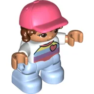 Duplo Figure Child with Long Hair and Cap Coral, Bright Light Blue Legs, Striped Shirt with Heart Print / White