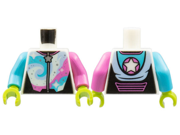 Lego Torso Jumpsuit, Silver Star Zipper, Stars on Dark Pink and Medium Azure Swirls Pattern / Dark Pink Arm Left / Medium Azure Arm Right / Lime Hands