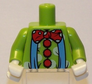 Lego Torso Clown Outfit with Medium Blue Suspenders, Red Pom-Poms and Bow Tie, White Polka Dots Pattern / Lime Arms / White Hands