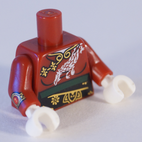 Lego Torso Robe with White Dragon, Gold Trimming, Black Sash Print (Nya), Dark Red Arms, White Hands / Dark Red