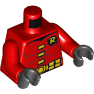 Lego Torso Muscles, 'R' Symbol, Yellow Clasps and Utility Belt Print (Robin), Red Arms, Black Hands / Red