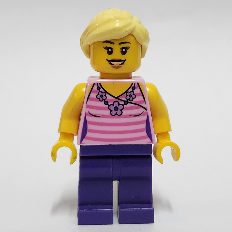 Lego Bright Pink Torso, Dark Purple Legs, Bright Light Yellow Hair