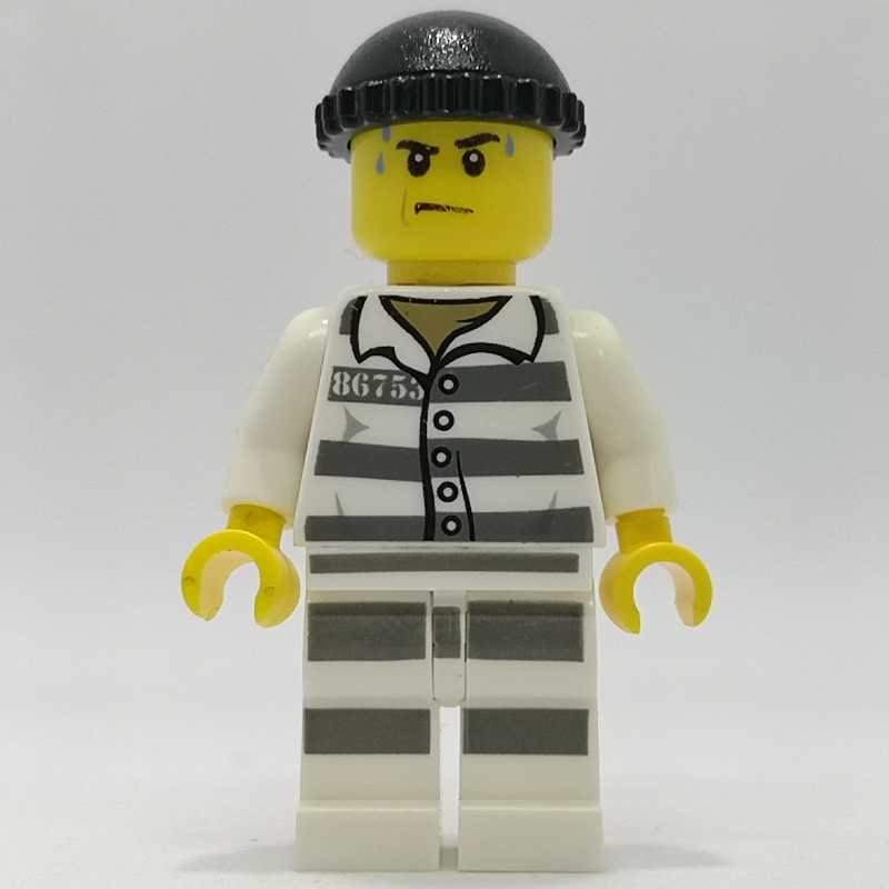 Lego Criminal, Prison Shirt with #86753, Prison Striped Legs, Black Hat