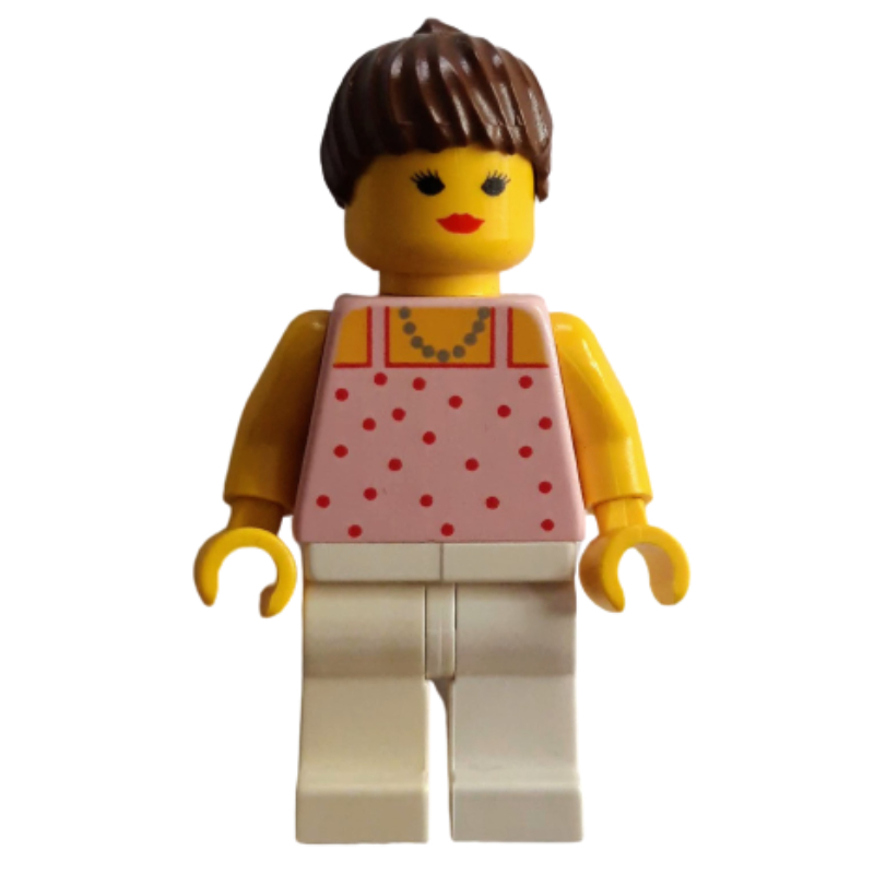 Lego Woman, Pink Top with Spots, White Legs, Brown Hair - Closed Mouth