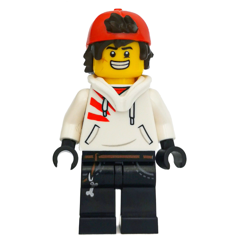 Lego Jack Davids, White Hoodie with Downed Hood and Red Backwards Cap, Angry / Smile