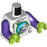 Lego Torso, Jacket/Tunic, Dark Turquoise/Bright Light Blue Dolphin in Dark Purple Circle print, Dark Purple Arms, Lime Hands / White