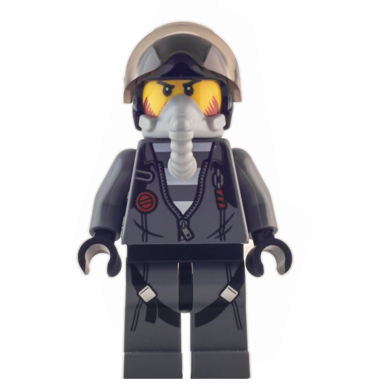Lego Criminal, Open Dark Bluish Gray Jacket with Zipper over Prison Shirt, Black Helmet with Visor, Breathing Apparatus
