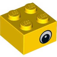 Lego Brick 2 x 2 with Eye with White Print on Two Sides, White Circle in Pupil, Offset / Yellow