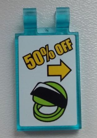 Lego Tile, Modified 2 x 3 with 2 Clips with Helmet and Arrow '50% OFF' Pattern (Sticker) - Set 60026