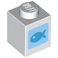 Lego Brick 1 x 1 with Dark Azure Fish on Medium Blue Square print / White