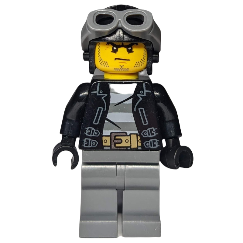 Lego Criminal, Open Black Jacket over Prison Shirt, Dark Bluish Grey Legs, Black Hat with Goggles