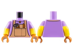 Torso Nougat Overalls, Dark Orange Pendant Necklace and Tools Pattern / Yellow Arms with Molded Medium Lavender Short Sleeves Pattern / Dark Orange Hands