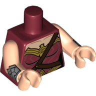 Lego Torso Bodysuit, Light Nougat Neck, Dark Brown Shoulder Strap, and Gold Neckline Trim Print, Light Nougat Arms and Hands with Cuffs Print / Dark Red