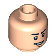 Minifig Head Oliver Wood / Mutt Williams, Brown Eyebrows, Open Lopsided Grin, Chin Dimple, White Pupils Print [Blocked Open Stud] / Light Nougat