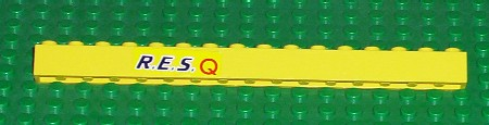 Lego Brick 1 x 16 with Black 'R.E.S.' and Red 'Q' on Yellow Background Pattern (Sticker) - Set 6451