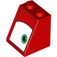 Lego Brick Sloped 65° 2 x 2 x 2 with Bottom Tube and Eye, Green, Right Print / Red