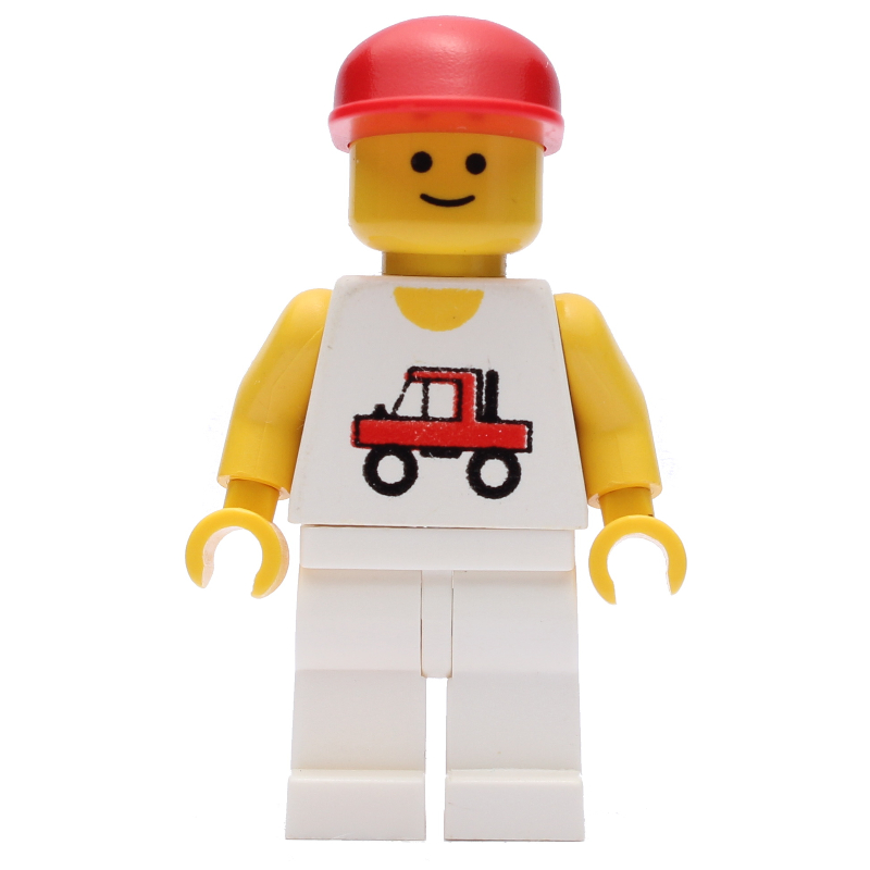 Lego Man, White Vest with Truck, White Legs, Red Cap