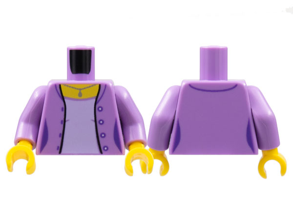 Lego Torso Female Open Jacket with 4 Buttons, Silver Pendant Necklace, Lavender Shirt Pattern / Medium Lavender Arms / Yellow Hands