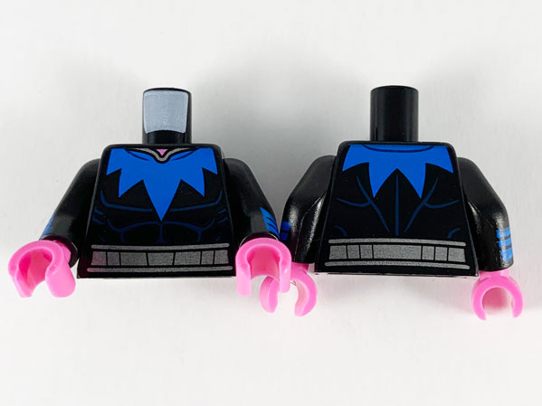 Lego Torso Large Blue Scalloped Collar, Silver Belt Pattern / Black Arms with 3 Blue Stripes Pattern / Dark Pink Hands