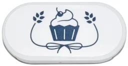 Tile, Round 2 x 4 Oval with Sign with Dark Blue Cupcake and Bow with Leaves Pattern (Sticker) - Set 42670