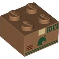 Brick 2 x 2 with Card Board Box, Dark Green Labels, Leaf, Stripes Print / Medium Nougat