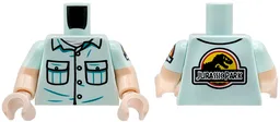 Torso Shirt with 2 Black Pockets with Buttons over White Undershirt, Dark Turquoise Creases, Jurassic Park Logo Pattern / Light Nougat Arm Left with Molded Light Aqua Short Sleeve and Printed Jurassic Park Logo Pattern / Light Nougat Arm Right with Molded Light Aqua Short Sleeve Pattern / Light Nougat Hands / Light Aqua