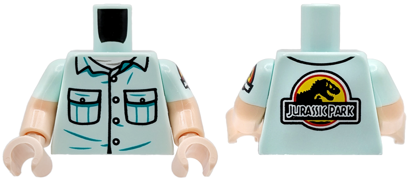 Lego Torso Shirt with 2 Black Pockets with Buttons over White Undershirt, Dark Turquoise Creases, Jurassic Park Logo Pattern / Light Nougat Arm Left with Molded Light Aqua Short Sleeve and Printed Jurassic Park Logo Pattern / Light Nougat Arm Right with Molded Light Aqua Short Sleeve Pattern / Light Nougat Hands