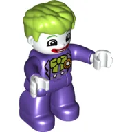 Duplo Figure with Thick Hair Combed Forward, Purple Legs and Arms, White Hands, with White Clown Face and Lime Bow on Chest Print (Joker)