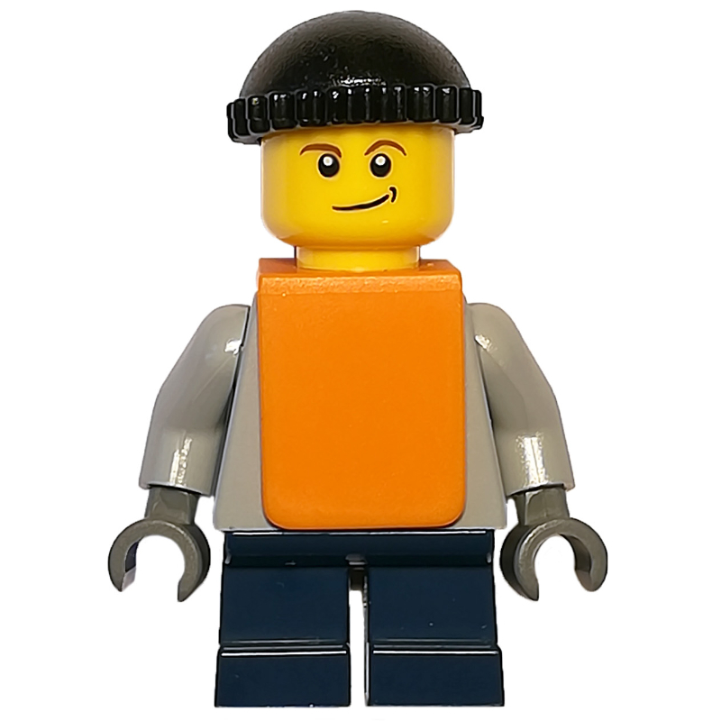 Lego Boy, Plain Light Bluish Gray Torso, Short Dark Blue Legs, Black Hat, Orange Vest