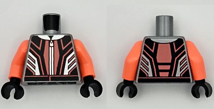 Lego Torso Racing Suit Black Panels, Coral Lines and Hem, Silver Collar and Zipper Pattern / Coral Arms / Black Hands