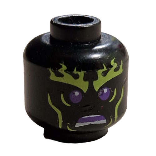 Lego Minifig Head Wooo, Yellowish Green Flaming Eyebrows, Cheek Lines, Dark Purple Eyes and Open Mouth Print [Hollow Stud] / Black