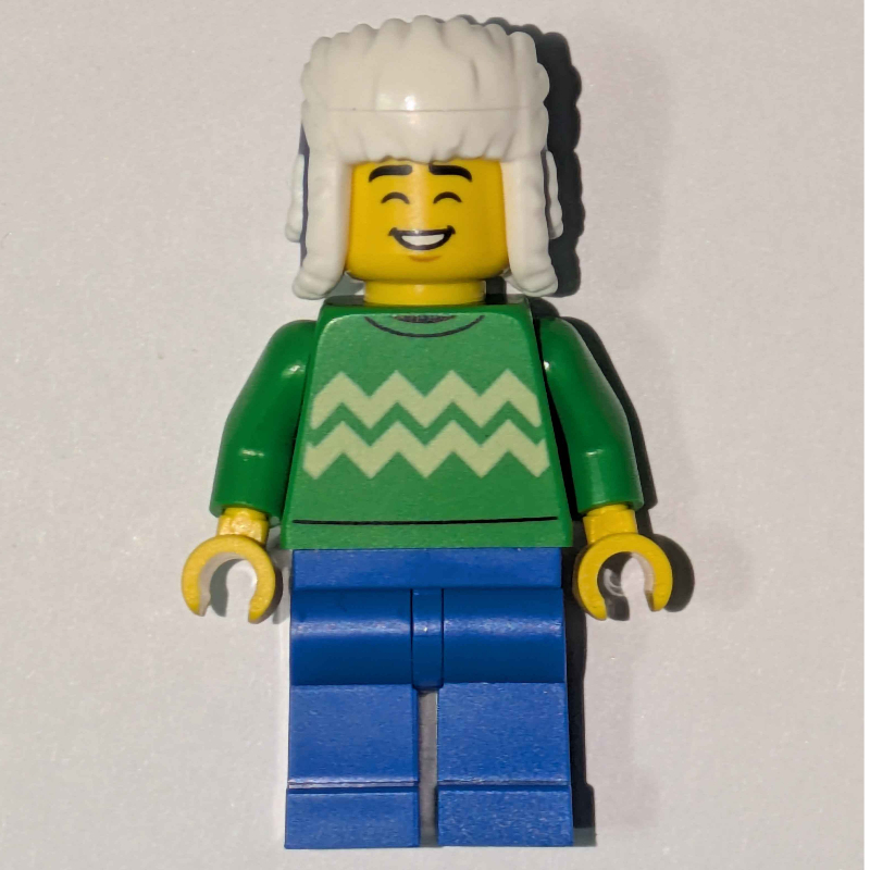 Lego Man, Bright Green Torso, Blue Legs, Dark Blue Ushanka
