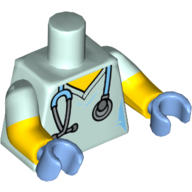 Lego Torso, Dual Molded Arms, Hospital Scrubs with Medium Blue Stethoscope Print, Light Aqua Sleeves Pattern, Yellow Arms, Medium Blue Hands / Light Aqua