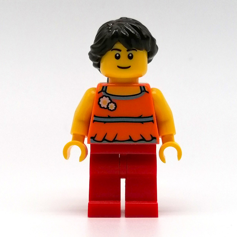 Lego Orange Torso, Red Legs, Dark Brown Hair