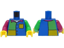 Torso Jacket over White Shirt, Magenta Collar, Bright Light Orange and Bright Green Panels Pattern / Bright Green Arm Left / Magenta Arm Right / Yellow Hands
