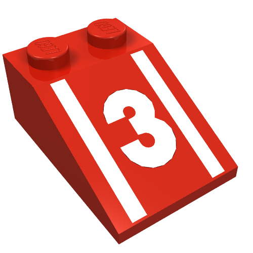 Lego Brick Sloped 33° 3 x 2 with White Stripes, '3' Print / Red