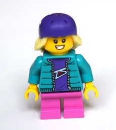 Girl, Dark Turquoise Jacket, Short Dark Pink Legs, Dark Purple Bike Helmet